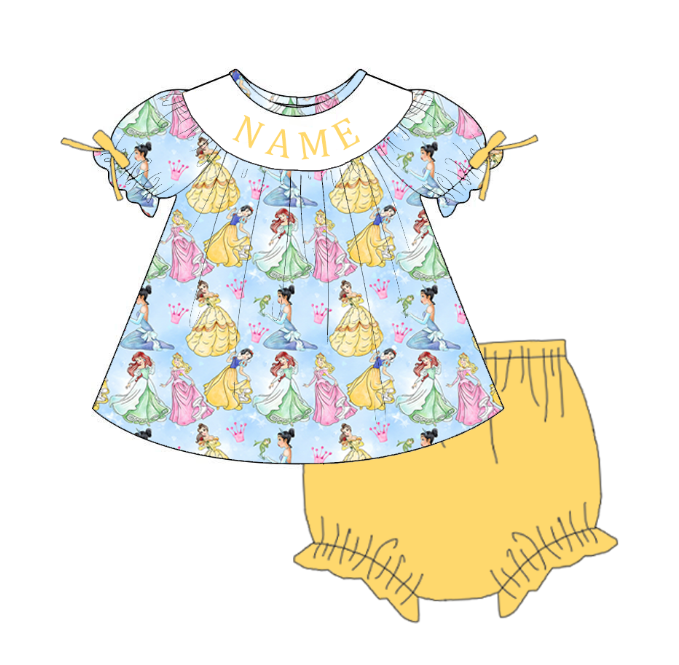 Personalized Girls Princess Smocked Outfit – Blue Cartoon Dress, Romper & Yellow 2-Piece Sets