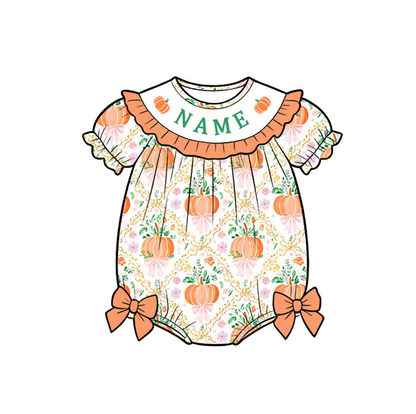 Kids Personalized Pumpkin Embroidery Collection | Custom Name Halloween Outfit | Dress, Bubble Romper, Jon Jon & Boys Set