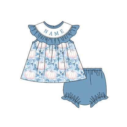 Personalized Blue Pumpkin Collection | Custom Name Dress Set, Bubble Romper, Jon Jon & Longall
