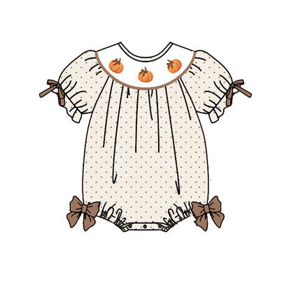 Girls Fall Pumpkin Smocked Embroidery Sibling Outfits – Thanksgiving Dress, Pants Set & Baby Romper
