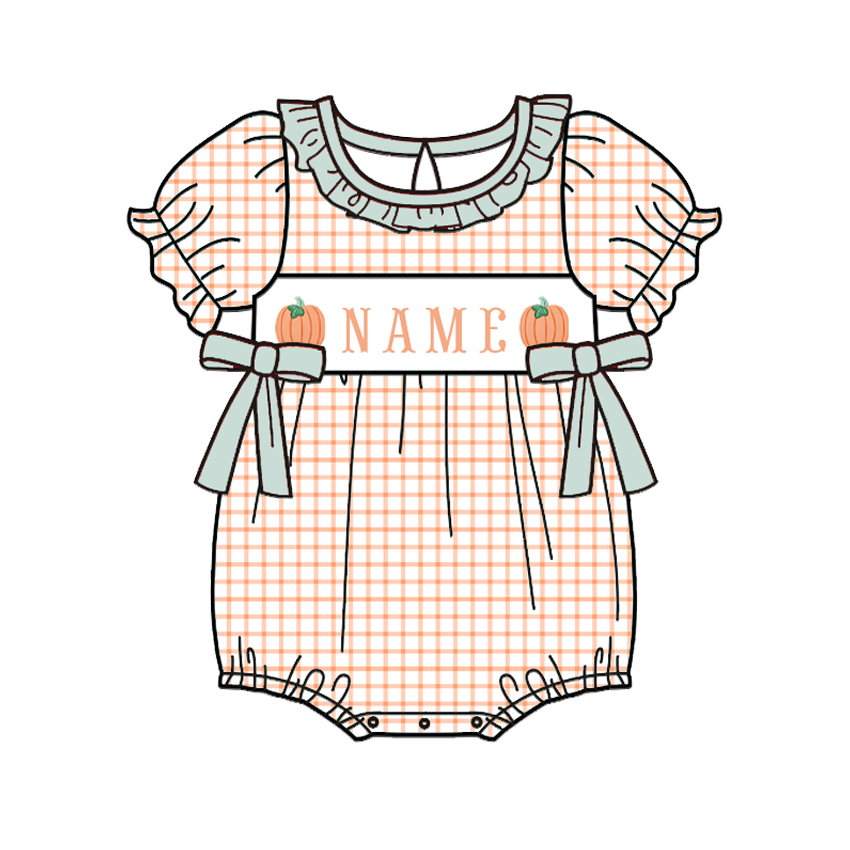 Personalized Pumpkin Smocked Embroidery Collection | Baby Bubble Romper, Long Romper, Dress & Pant Set | Fall & Halloween Boutique Kids Clothing
