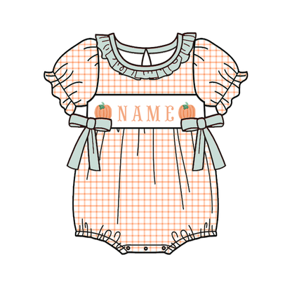Personalized Pumpkin Smocked Embroidery Collection | Baby Bubble Romper, Long Romper, Dress & Pant Set | Fall & Halloween Boutique Kids Clothing