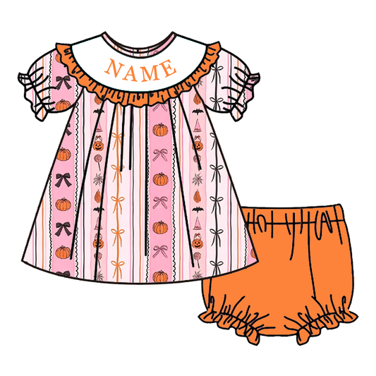 Personalized Pumpkin Dress Set | Custom Name Halloween Girls Outfit