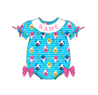 Custom Name Smocked Embroidery Baby & Toddler Shark Print Clothing Set | Personalized Boutique Kids Outfit