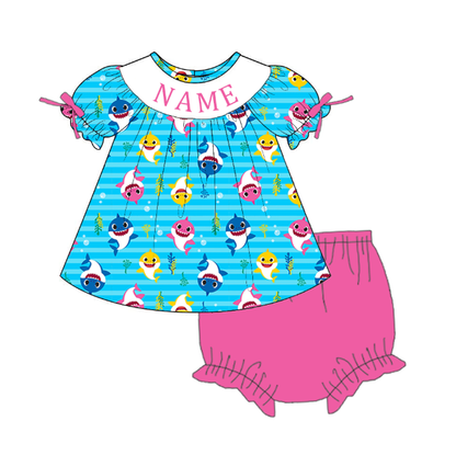 Custom Name Smocked Embroidery Baby & Toddler Shark Print Clothing Set | Personalized Boutique Kids Outfit
