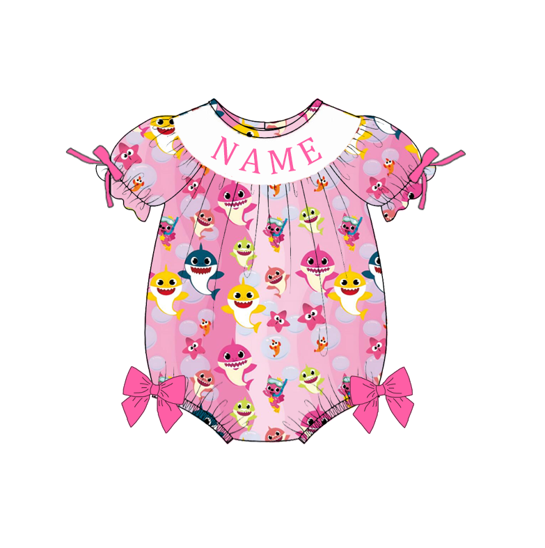 Custom Name Smocked Embroidery Baby Girl Shark Print Outfit Set | Personalized Boutique Toddler Clothing Collection