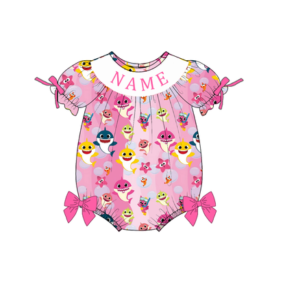Custom Name Smocked Embroidery Baby Girl Shark Print Outfit Set | Personalized Boutique Toddler Clothing Collection