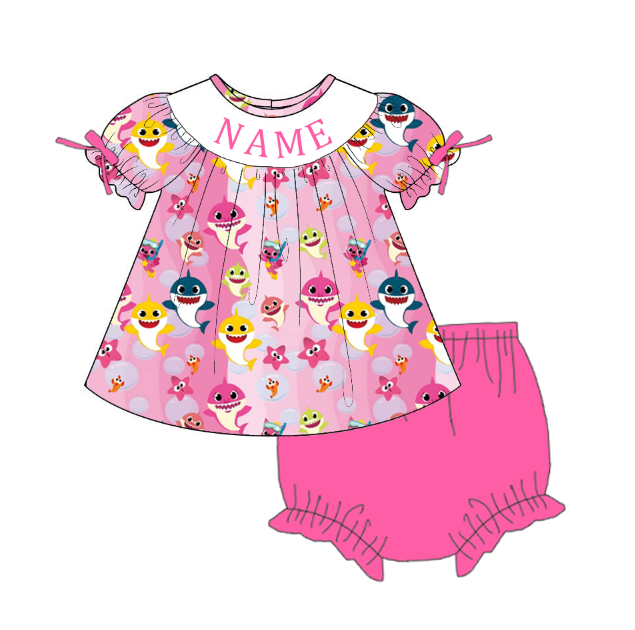 Custom Name Smocked Embroidery Baby Girl Shark Print Outfit Set | Personalized Boutique Toddler Clothing Collection