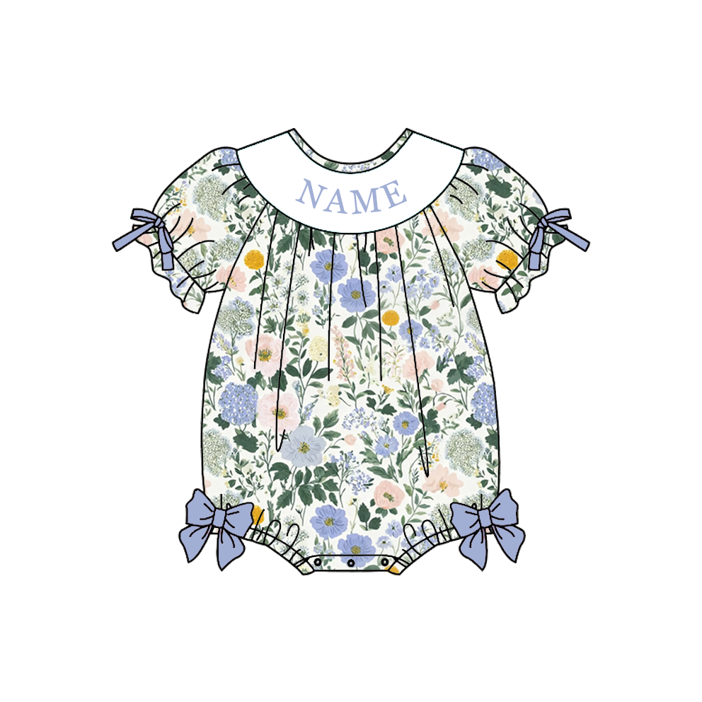 Personalized Blue Floral Smocked Embroidery Girls Sibling Set – Custom Name Ruffle Outfit & Baby Romper