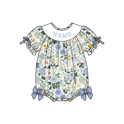 Personalized Blue Floral Smocked Embroidery Girls Sibling Set – Custom Name Ruffle Outfit & Baby Romper