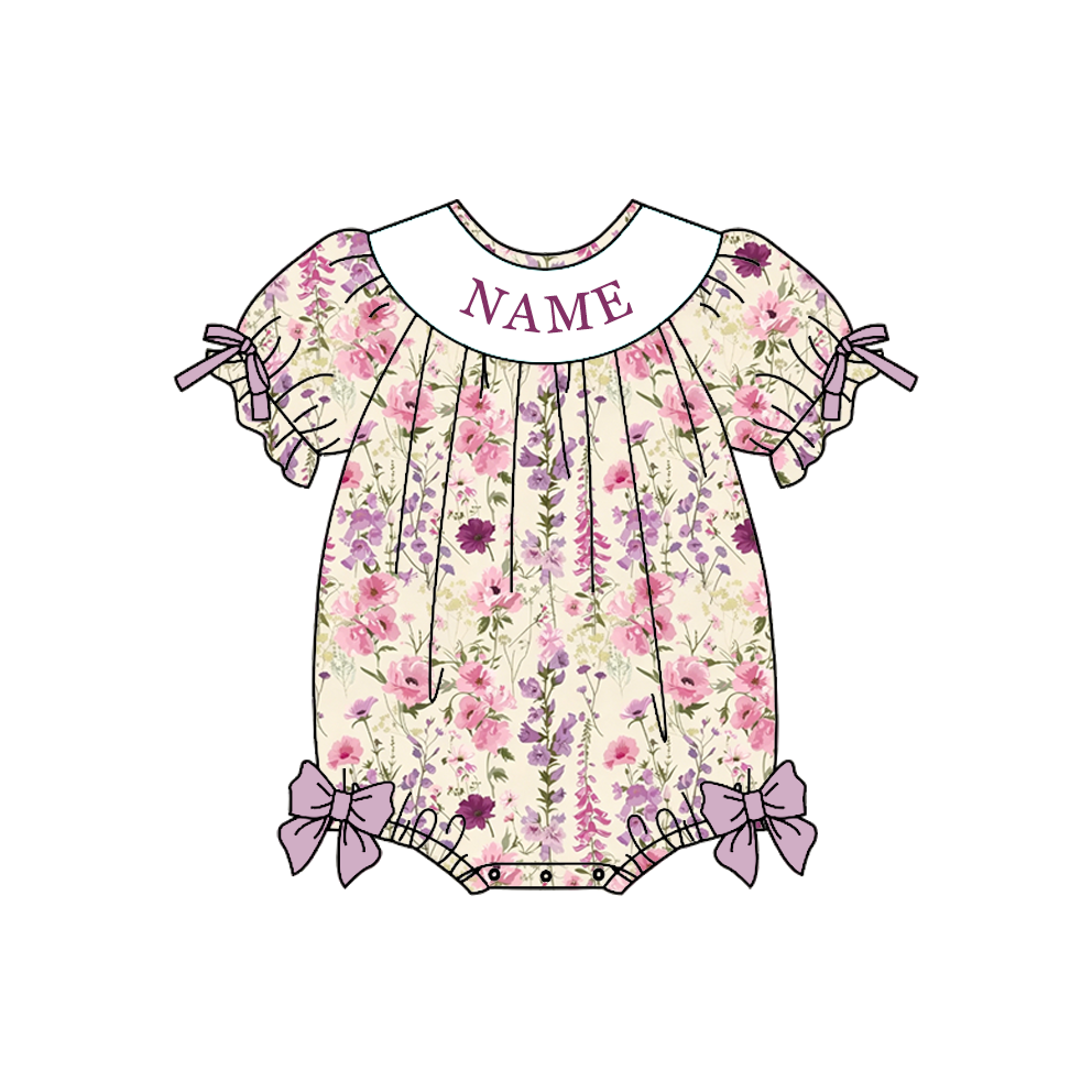 Personalized Floral Smocked Embroidery Girls Sibling Set – Custom Name Ruffle Outfit & Baby Romper