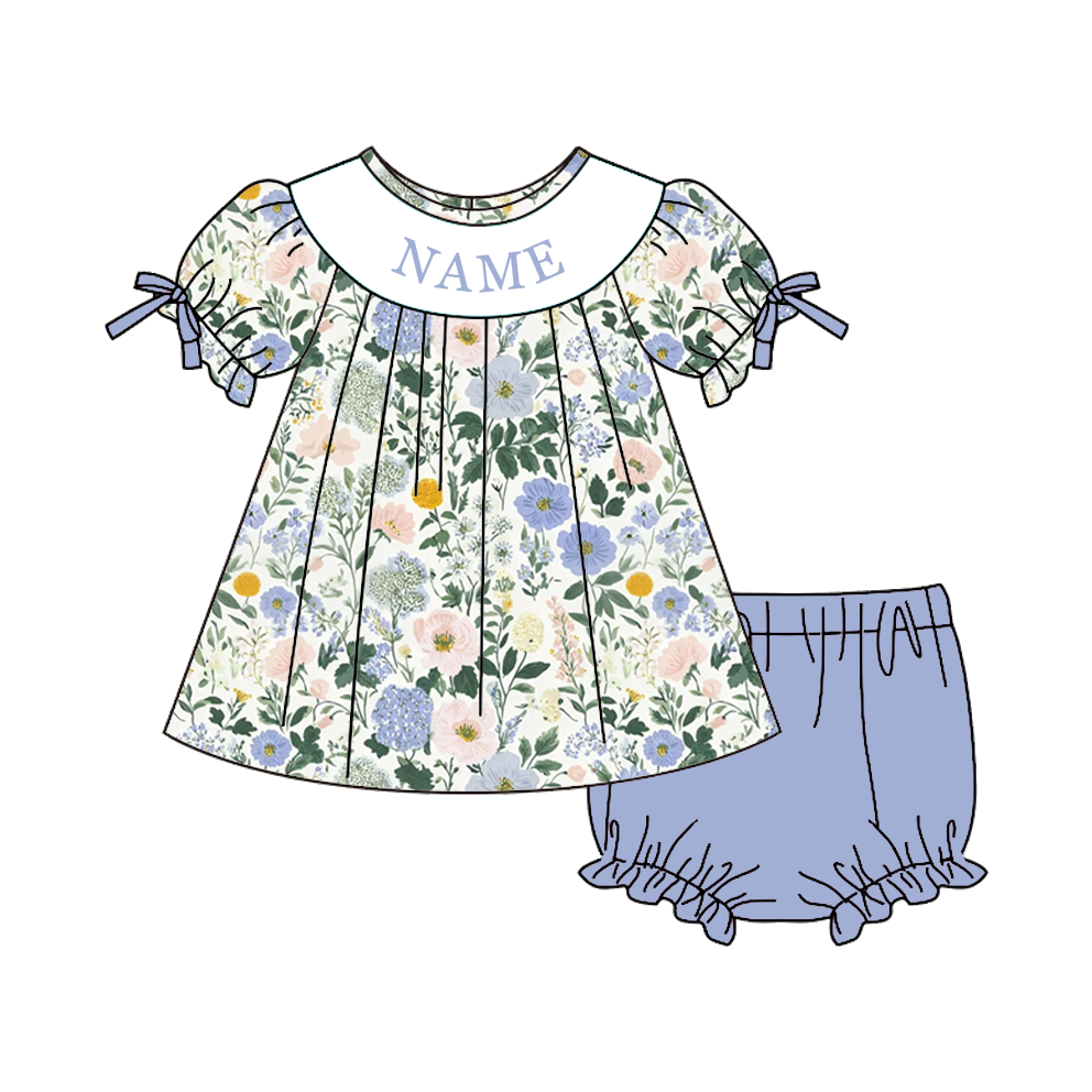 Personalized Blue Floral Smocked Embroidery Girls Sibling Set – Custom Name Ruffle Outfit & Baby Romper