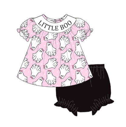 Halloween Little Boo Smocked Embroidered Girls Outfit | Boutique Pink Ghost Dress & Bloomer Set