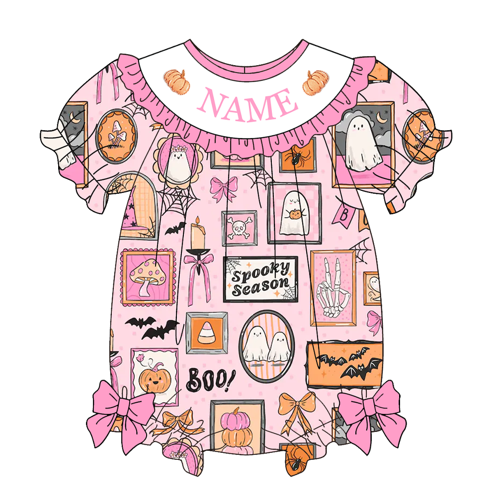 Personalized Pink Halloween Boutique Collection | Custom Name Ghost & Pumpkin Dress, Bubble Romper & Ruffle Pants Set