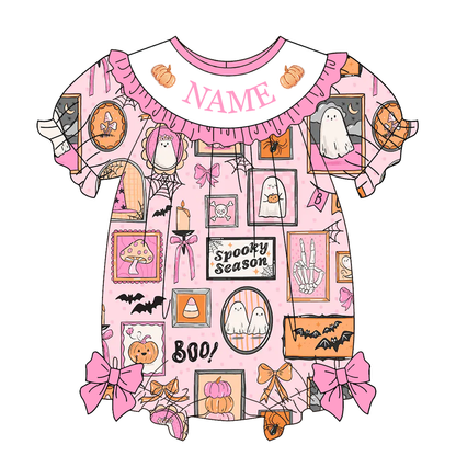 Personalized Pink Halloween Boutique Collection | Custom Name Ghost & Pumpkin Dress, Bubble Romper & Ruffle Pants Set