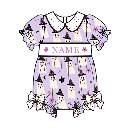 Personalized Halloween Smocked Embroidered Girls Dress | Custom Name Ghost Boutique Dress | Handmade Smocking Collection