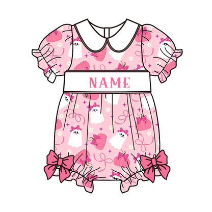 Personalized Halloween Smocked Embroidery Dress & Bubble Romper Set | Custom Name Pumpkin & Ghost Fall Outfit for Baby Girls & Kids