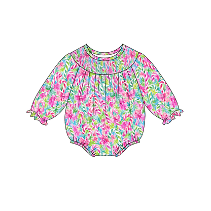 Baby Smocked Bubble Romper | Long Sleeve Floral Printed Infant Bodysuit | Fall Holiday Collection | Boutique Baby Outfit