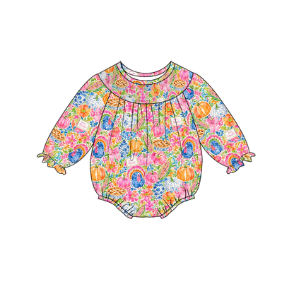 Baby Smocked Bubble Romper | Long Sleeve Floral Printed Infant Bodysuit | Fall Holiday Collection | Boutique Baby Outfit