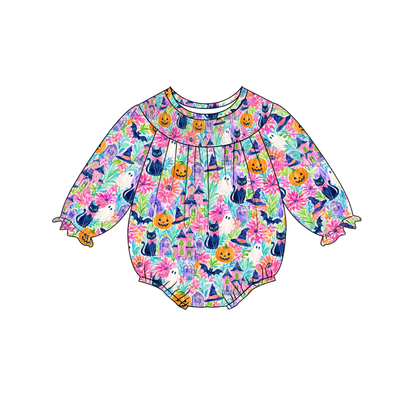 Baby Smocked Bubble Romper | Long Sleeve Floral Printed Infant Bodysuit | Fall Holiday Collection | Boutique Baby Outfit