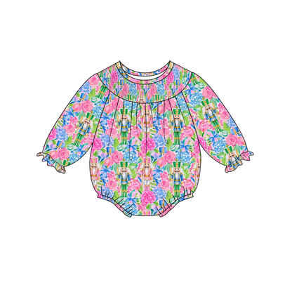 Baby Smocked Bubble Romper | Long Sleeve Floral Printed Infant Bodysuit | Fall Holiday Collection | Boutique Baby Outfit