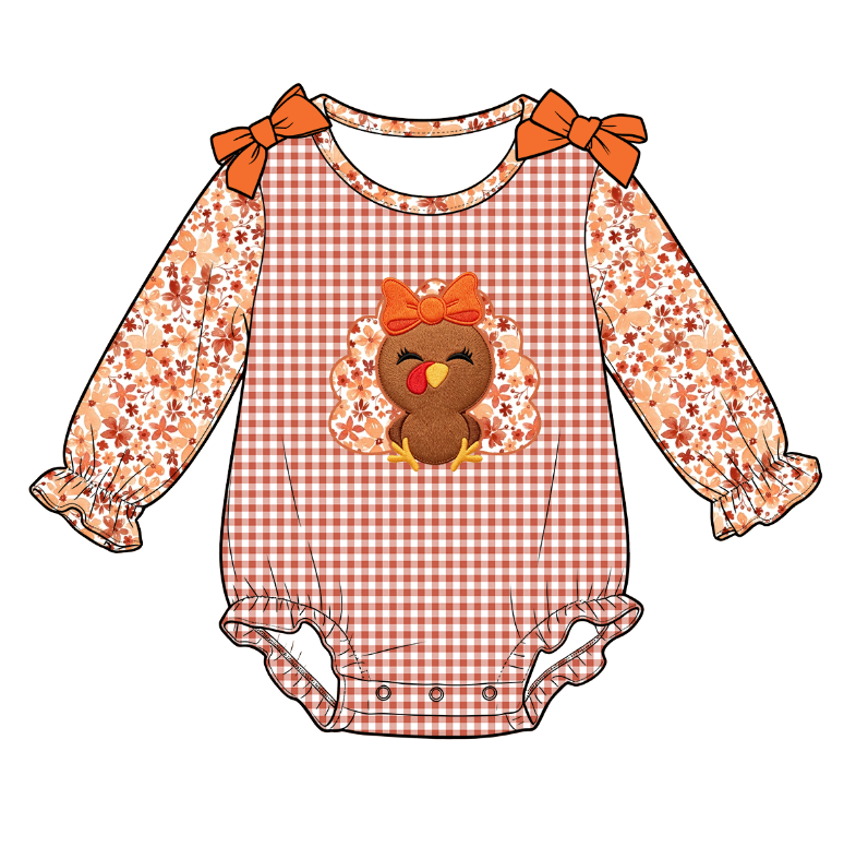 Thanksgiving Turkey Embroidery Sister Matching Outfit – Girls Dress & Baby Romper