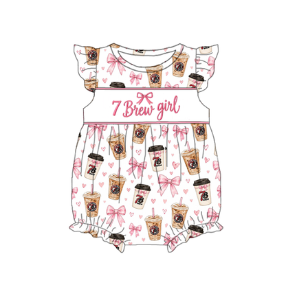 Girls Pink Bow & Coffee Print Smocked Embroidered Outfit – Dress, Romper & Shorts Set