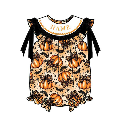 Personalized Halloween Sibling Matching Outfits – Smocked Pumpkin Dress, Romper & Boys Pant Set