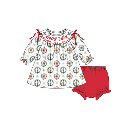 Christmas Holly Jolly Smocked Embroidery Girls Holiday Outfits