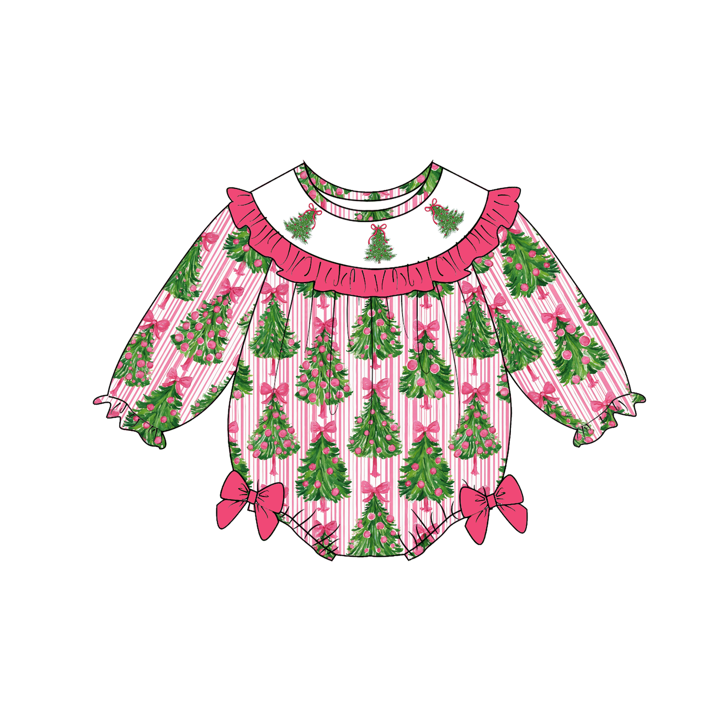 Christmas Tree Smocked Embroidery Sister Matching Outfits – Girls Holiday Dress & Baby Bubble Romper