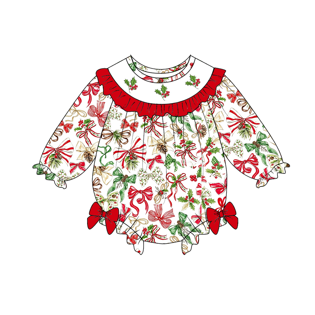 Christmas Holly Bow Smocked Embroidery Girls Holiday Outfits