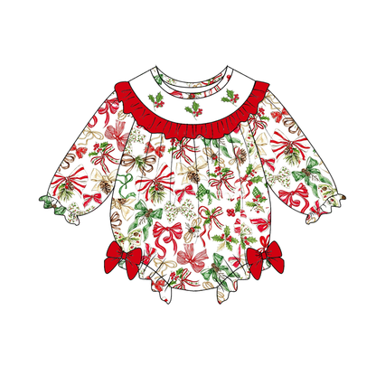 Christmas Holly Bow Smocked Embroidery Girls Holiday Outfits