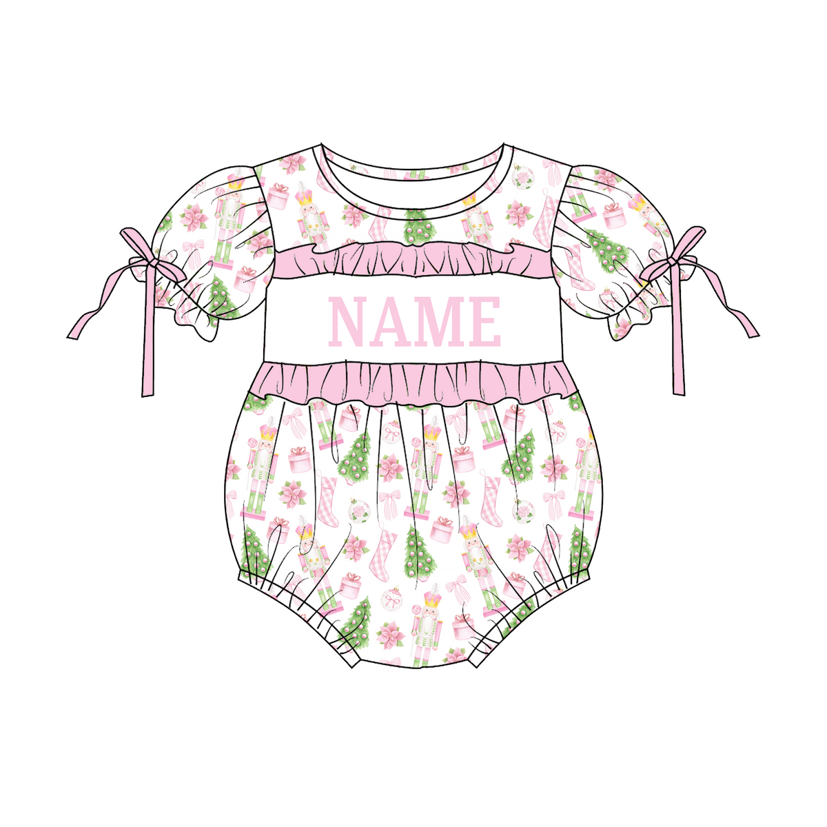 Personalized Pink Christmas Smocked Girls Outfit – Custom Name Nutcracker Dress, Ruffle Pants Set & Baby Romper