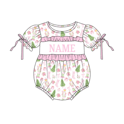 Personalized Pink Christmas Smocked Girls Outfit – Custom Name Nutcracker Dress, Ruffle Pants Set & Baby Romper