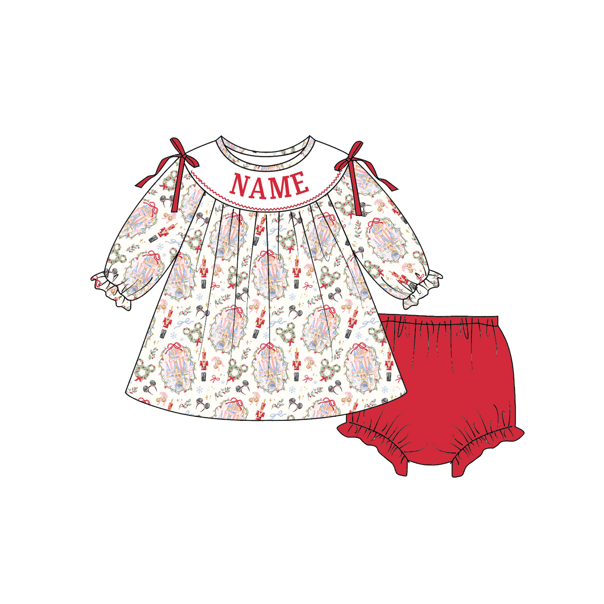 Personalized Christmas Girls Dress & Bloomer Set – Custom Name Holiday Castle Print Matching Sister Outfit