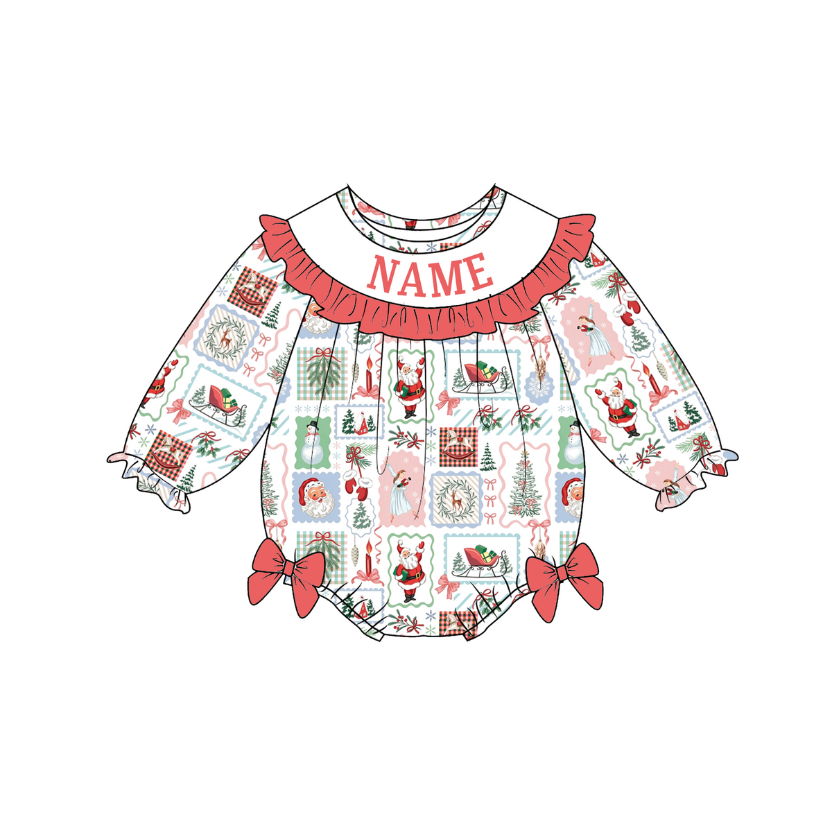 Personalized Christmas Girls Dress & Baby Romper – Custom Name Holiday Print Ruffle Sibling Outfit