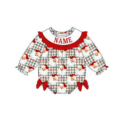 Personalized Christmas Santa Smocked Embroidery Sibling Collection – Custom Name Girls Dress, Ruffle Set & Baby Romper