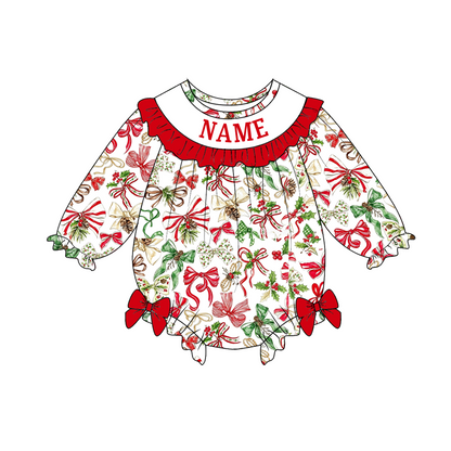 Personalized Christmas Bow Smocked Embroidery Girls Collection – Custom Name Holiday Dress, Pant Set & Baby Romper