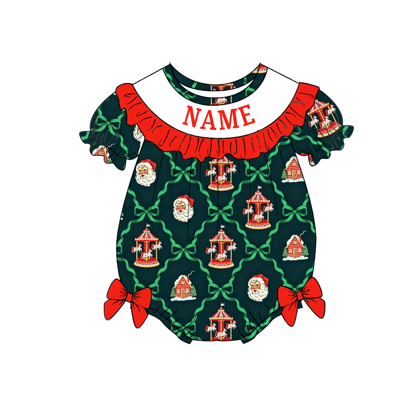 Personalized Christmas Santa Smocked Sister Matching Outfit – Girls Dress & Baby Romper