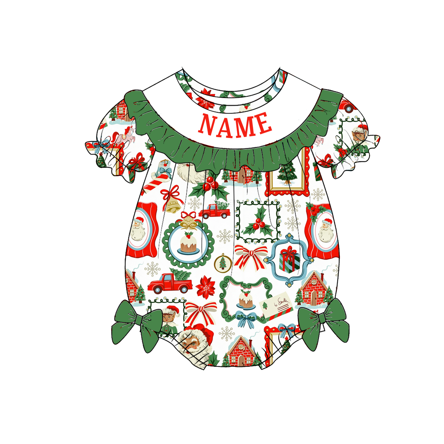 Personalized Christmas Smocked Dress & Baby Bubble Romper – Custom Name Embroidered Holiday Outfit for Girls