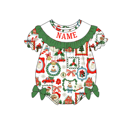 Personalized Christmas Smocked Dress & Baby Bubble Romper – Custom Name Embroidered Holiday Outfit for Girls