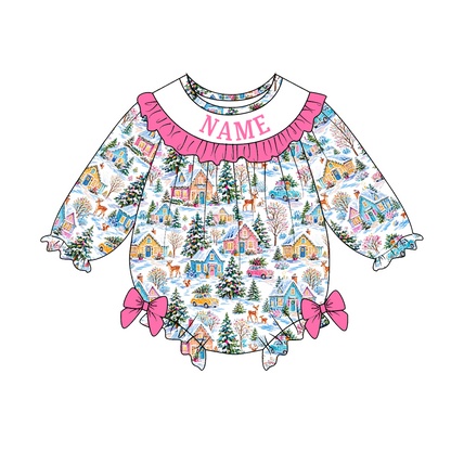 Personalized Girls Christmas Smocked Outfits – Custom Name Embroidery Winter Village Print Dress, Ruffle Pants Set & Baby Romper