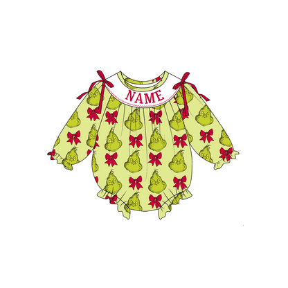 Girls Christmas Personalized Smocked Outfit – Custom Name Embroidery Grinch-Inspired Holiday Dress, Ruffle Pants Set & Baby Romper