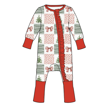 Girls Patchwork Print Ruffle Zip Romper – Colorful Long Sleeve One-Piece Outfit
