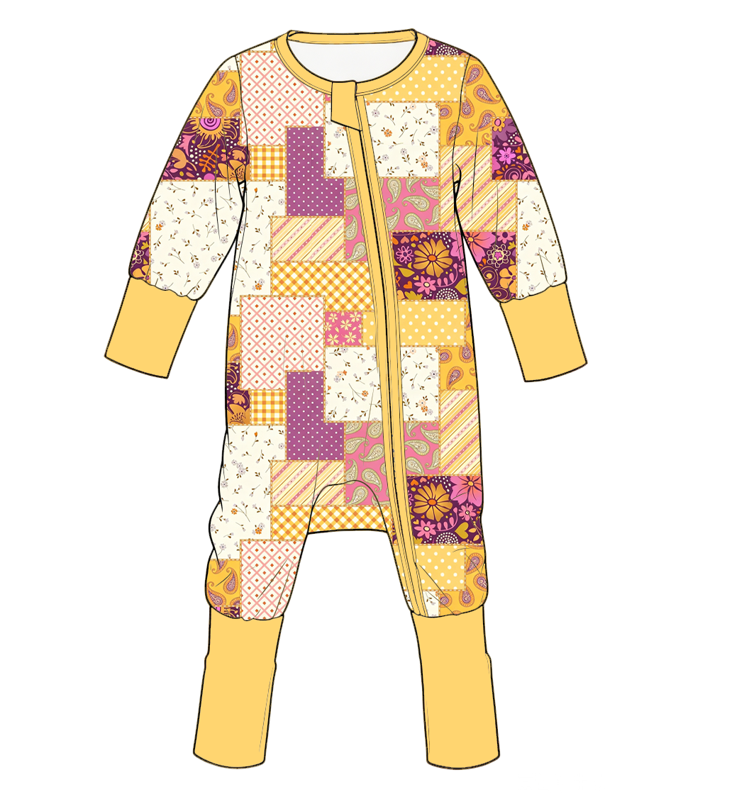 Girls Patchwork Print Ruffle Zip Romper – Colorful Long Sleeve One-Piece Outfit