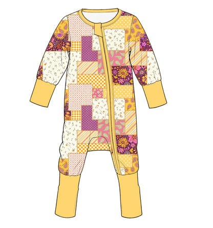 Girls Patchwork Print Ruffle Zip Romper – Colorful Long Sleeve One-Piece Outfit