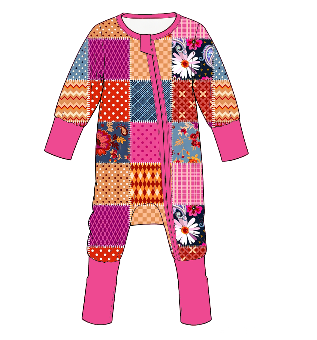 Girls Patchwork Print Ruffle Zip Romper – Colorful Long Sleeve One-Piece Outfit