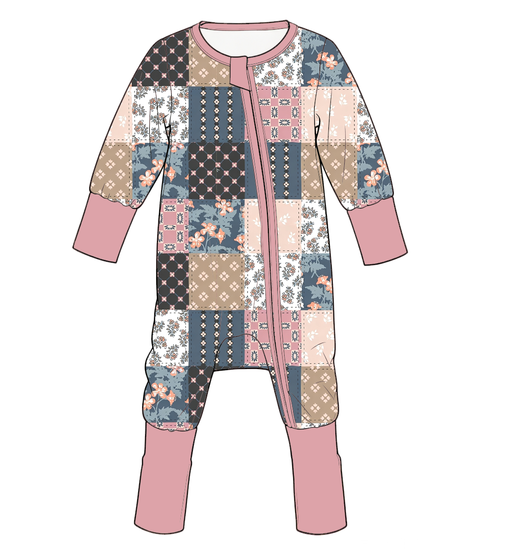 Girls Patchwork Print Ruffle Zip Romper – Colorful Long Sleeve One-Piece Outfit