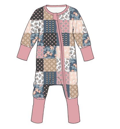 Girls Patchwork Print Ruffle Zip Romper – Colorful Long Sleeve One-Piece Outfit