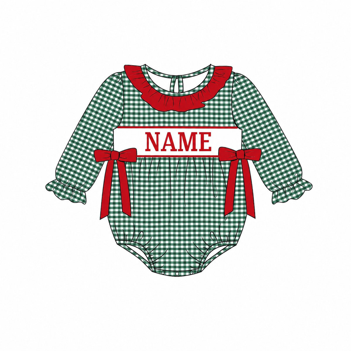 Personalized Christmas Green Gingham Smocked Outfits – Custom Name Embroidery Girls Dress, Baby Romper & Boys Pants Set